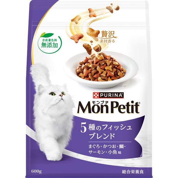 猫が大好きなまぐろとかつお、淡白な味わいの鯛、こだわりのサーモンと小魚。厳選した5種の美味しさを絶妙にブレンド。合成着色料無添加。＜総合栄養食＞【保証分析値】 たんぱく質：30％以上、脂質：13％以上