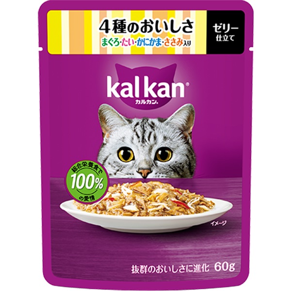 【あす宅】カルカン パウチ ゼリー仕立て 4種のおいしさ まぐろ・たい・かにかま・ささみ入り 60g×12コ