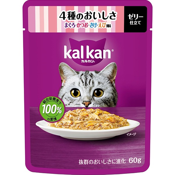 カルカン パウチ ゼリー仕立て 4種のおいしさ まぐろ・かつお・さけ・えび風味 60g×12コ