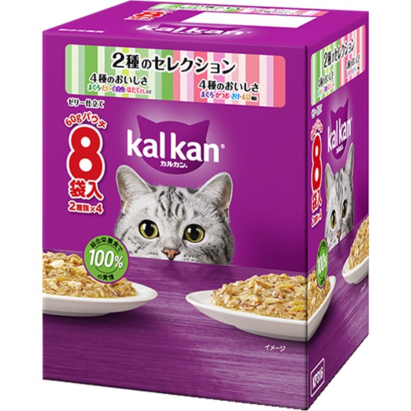 【あす宅】カルカン パウチ ゼリー仕立て 2種のセレクション まぐろ・たい・白身魚・ほたてだし入り/まぐろ・かつお・さけ・えび風味 60g×8袋入