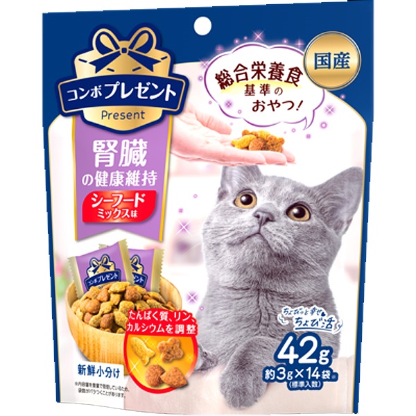 おいしくカラダにやさしい毎日食べたい幸せおやつ！ たんぱく質、リン、カルシウムを調整し腎臓の健康維持。 総合栄養食の基準をクリアした国産おやつ。 たっぷり海のおいしさ、シーフードミックス味。 メチオニ