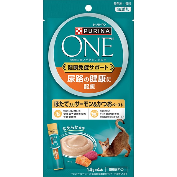 【あす宅】ピュリナワン キャット 健康免疫サポート 尿路の健康に配慮 ほたて入りサーモン＆かつおペースト 14g×4本