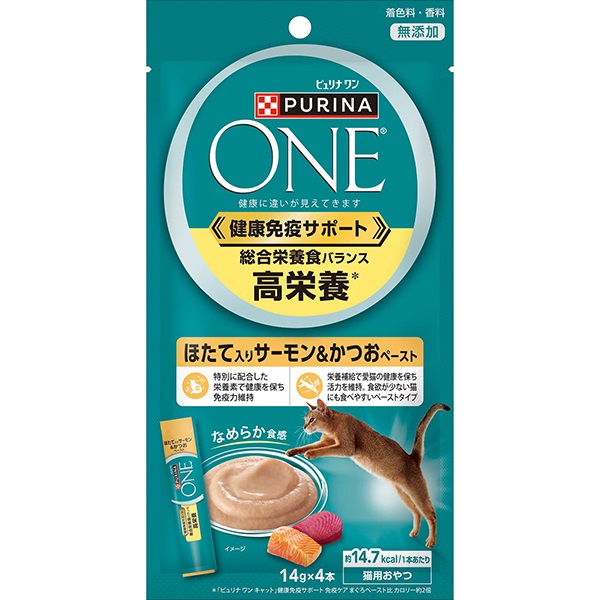 【あす宅】ピュリナワン キャット 健康免疫サポート 総合栄養食バランス 高栄養 ほたて入りサーモン＆かつおペースト 14g×4本