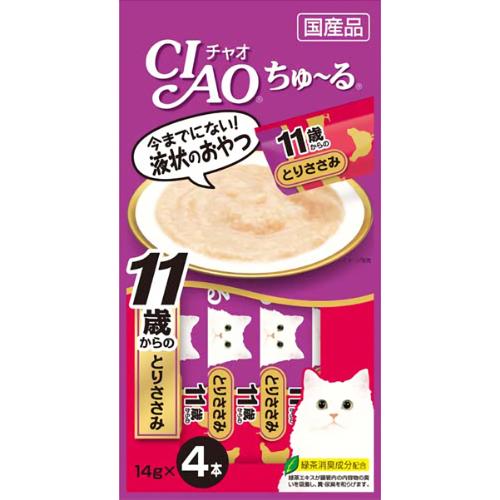 今までにない液状のおやつです。ちゅ〜っと出して、なめるだけで簡単に栄養補給。食べきりやすい14g×4本。保存料不使用。緑茶消臭成分配合。国産品。コラーゲンを加え健康に配慮。【保証分析値】粗たんぱく質：