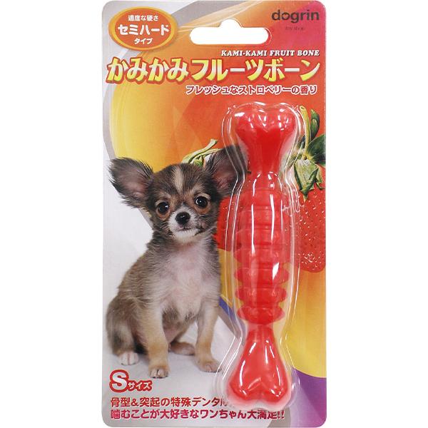 適度な硬さのセミハードタイプで、満足感のある噛み心地です。楽しく遊びながら口内のお掃除や歯茎を刺激してマッサージ効果も得られます。おいしそうな香りがたまらない、ワンちゃんが喜ぶフルーツフレーバーです。