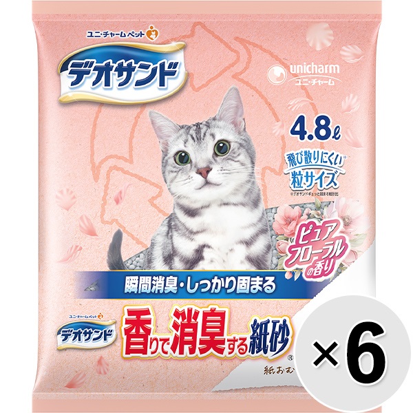 【あす宅】【ケース販売】デオサンド 香りで消臭する紙砂 ピュアフローラルの香り 4.8L×6袋