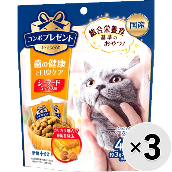 おいしくカラダにやさしい毎日食べたい幸せおやつ！ カリカリ噛んで歯垢を除去し、歯の健康と口臭ケア。 グロビゲンPG配合。 総合栄養食の基準をクリアした国産おやつ。 たっぷり海のおいしさ、シーフードミッ