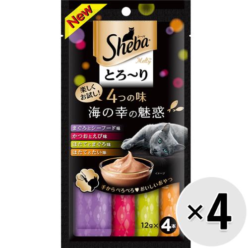 猫ちゃんが手からでも舐めやすい、贅沢なおいしさの"とろ〜り"おやつ。1袋で、人気の魚介系味4種類を楽しみながら試せるセレクションタイプ。愛猫のお気に入りを見つけて！【保証分析値】粗