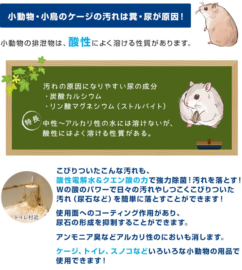 小動物・小鳥のケージの汚れは糞・尿が原因！小動物の排泄物は、酸性によく溶ける性質があります。